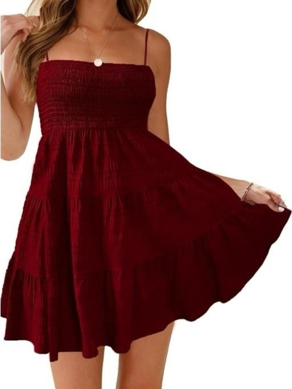 Strapless Smocked Tiered Sundress in Burgundy